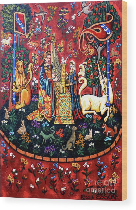 Lady And The Unicorn Tapestries Wood Print featuring the painting Lady And The Unicorn Sound by Genevieve Esson