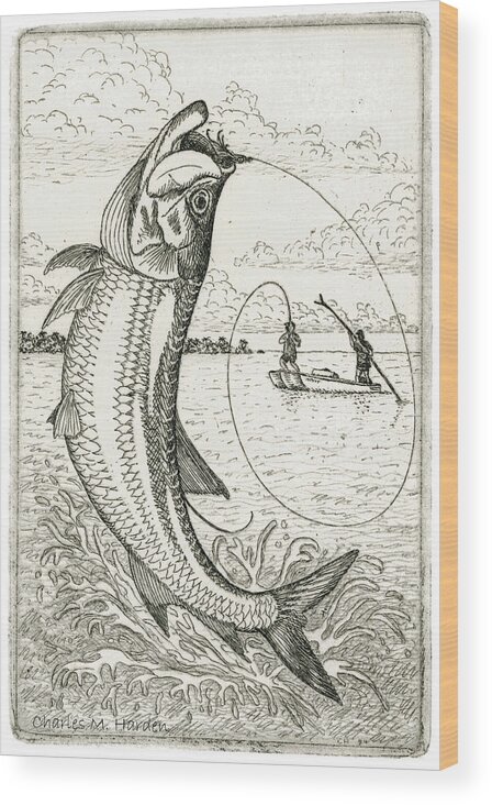 Charles Harden Wood Print featuring the drawing Leaping Tarpon by Charles Harden