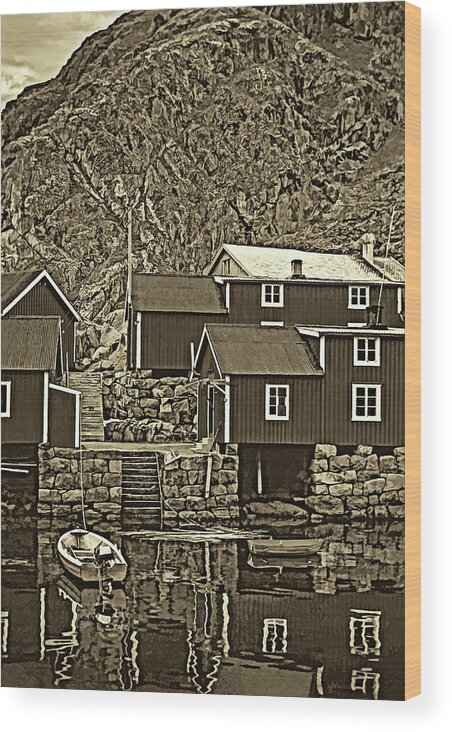 Lofoten Wood Print featuring the photograph Lofoten Fishing Huts - Sepia by Steve Harrington