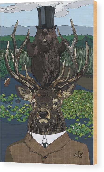 Deer Wood Print featuring the painting Lord of the manor with hidden pictures by Konni Jensen