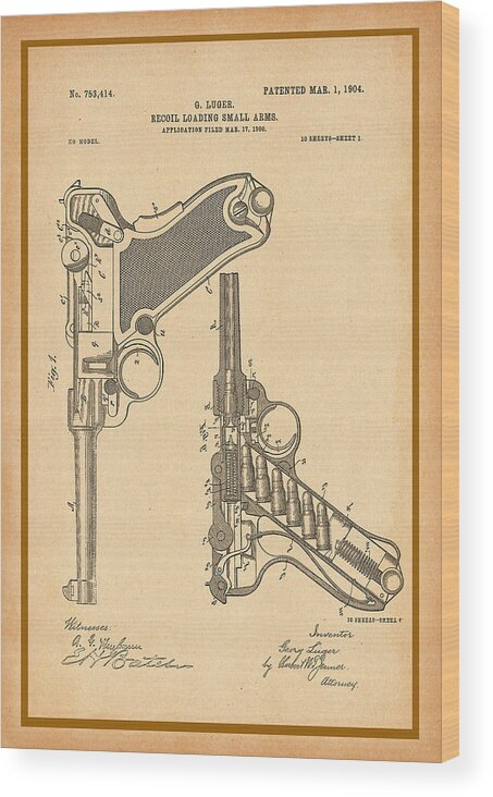 Luger Wood Print featuring the photograph Luger Pistol Patent Drawing by Carlos Diaz