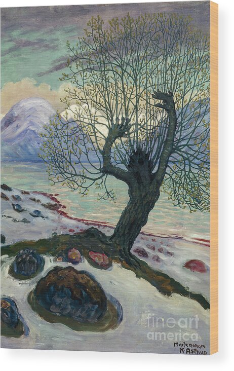 Nikolai Astrup Wood Print featuring the painting March morning, spring night and sallow man by Nikolai Astrup
