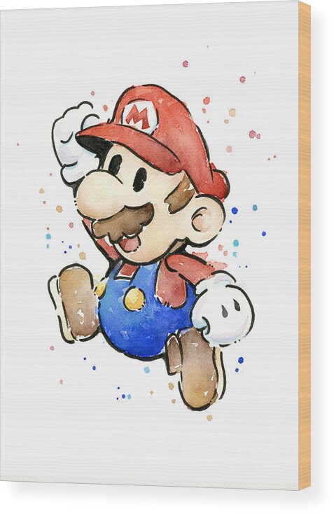 Video Game Wood Print featuring the painting Mario Watercolor Fan Art by Olga Shvartsur