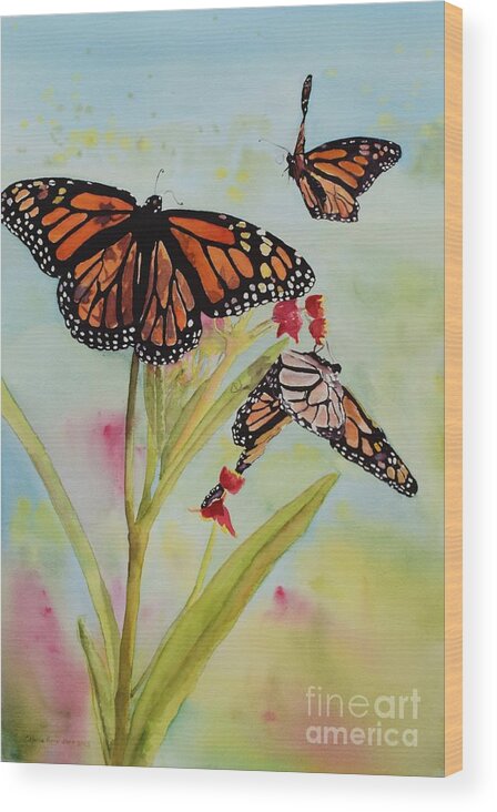 Monarchs Wood Print featuring the painting Milkweed Party by Celene Terry