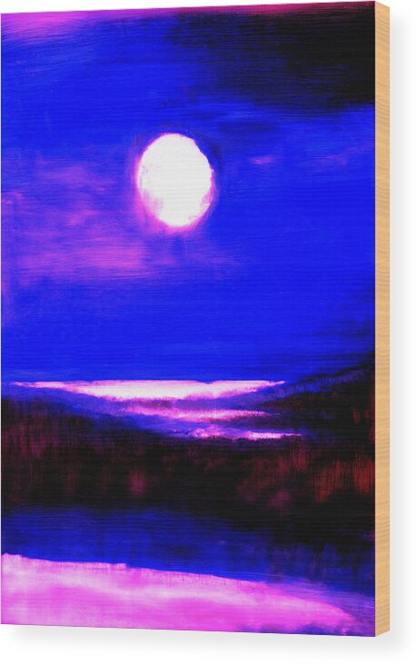 Night Scene Moon River Landscape Maine Wood Print featuring the painting moon over the Stillwater river by FeatherStone Studio Julie A Miller