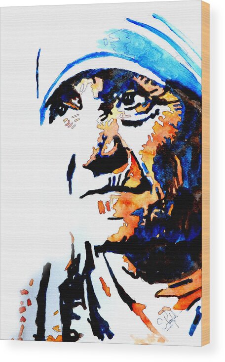 Mother Wood Print featuring the painting Mother Teresa by Steven Ponsford