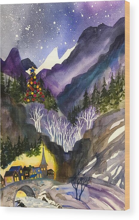 Landscape Wood Print featuring the painting Mountain Christmas by Esther Woods