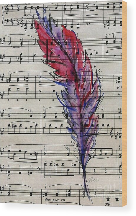 Feather Wood Print featuring the mixed media Musical Feather by Tracey Lee Cassin