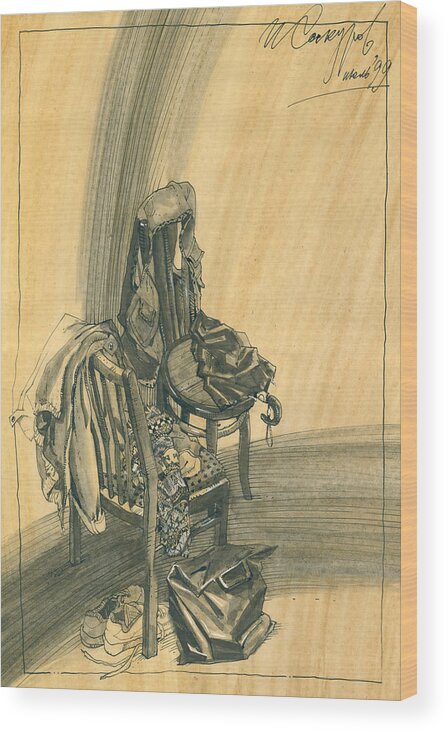 Igor Sakurov Wood Print featuring the drawing Naturmort with Clothes on Chair by Igor Sakurov