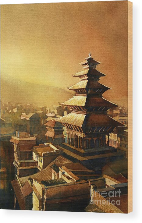 Temple Wood Print featuring the painting Nepal Temple by Ryan Fox