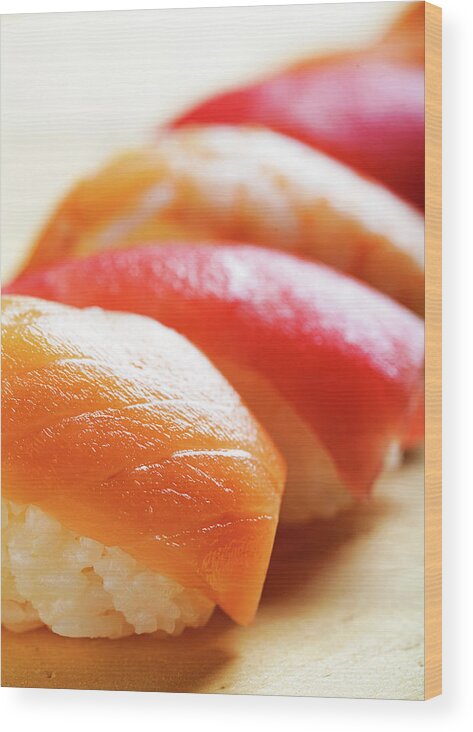 Asian Wood Print featuring the photograph Nigiri Sushi on Wood - Vertical by Good Focused