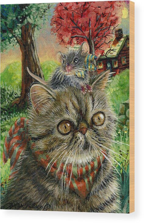 Cat Wood Print featuring the painting On The Hunt For Fun Stuff by Jacquelin L Vanderwood Westerman