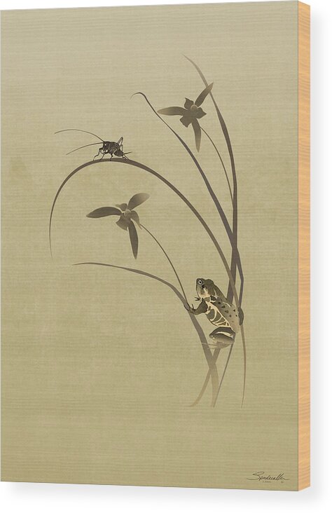 Asian; Orchid; Leaves; Cricket; Frog; Digital Painting; Oriental; Digital Art; Minimalism; Spadecaller Wood Print featuring the digital art Orchid Sonata by M Spadecaller