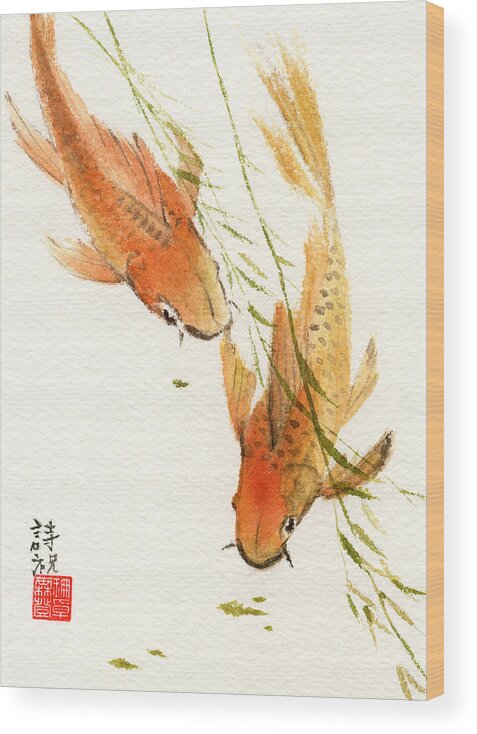 Animals - Fish - Koi - Oriental Style Orange Koi Wood Print featuring the painting Oriental Koi by Sandy Linden