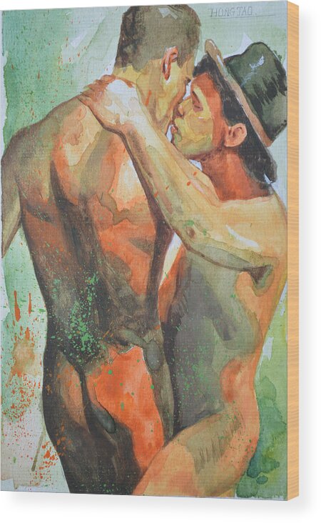 Original Art Wood Print featuring the painting Original Watercolor Painting Drawing Art Male Nude Gay Man On Paper#510-1 by Hongtao Huang