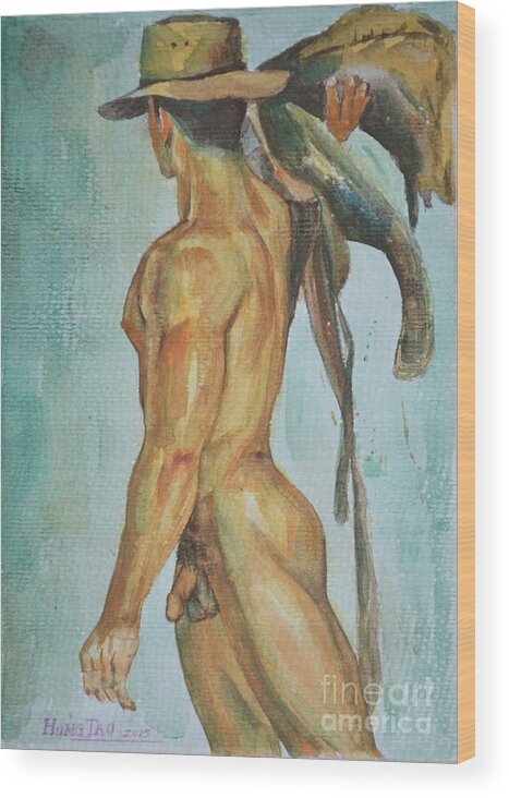 Original Art Wood Print featuring the painting Original Watercolor Painting Man Body Art Male Nude Cowboy On Paper -065 by Hongtao Huang