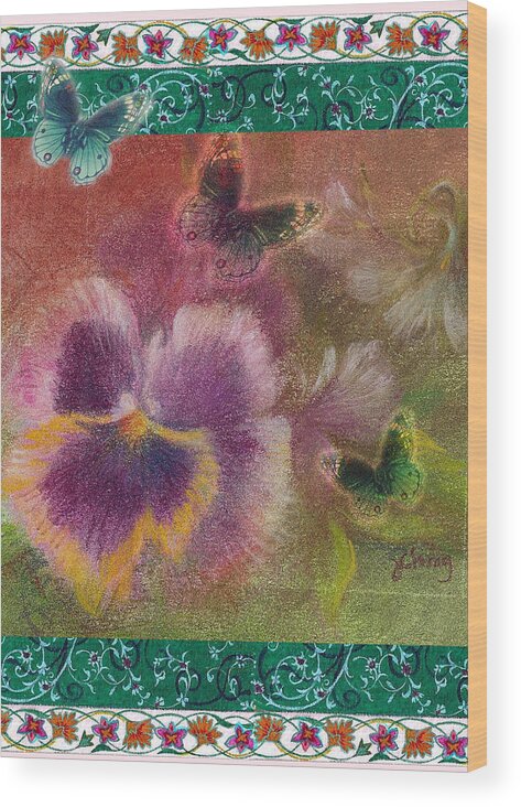 Illustrated Pansy Wood Print featuring the painting Pansy Butterfly Asianesque border by Judith Cheng