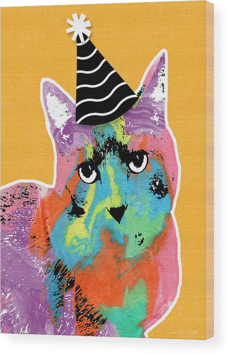 Cat Wood Print featuring the mixed media Party Cat- Art by Linda Woods by Linda Woods