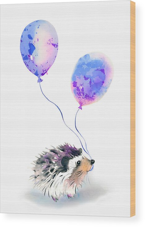 Hedgehog Wood Print featuring the painting Party hedgehog by Krista Bros