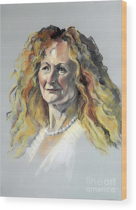 Greta Corens Portraits Wood Print featuring the painting Pastel portrait of frizzy-haired model wearing pearls by Greta Corens
