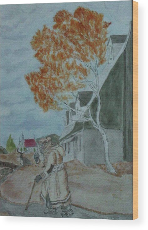 Watercolor Reproduction Pepe Wood Print featuring the painting Pepe walking to Church in St Famille I'le Orleans by Imagery-at- Work