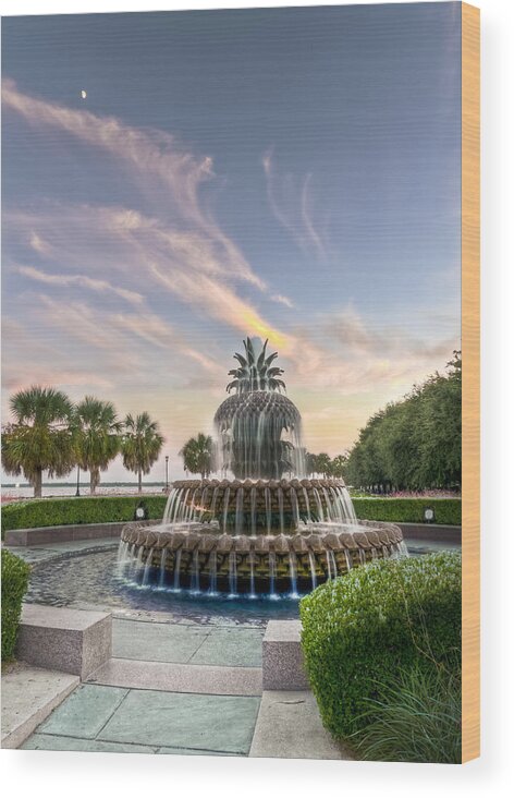 Architectural Wood Print featuring the photograph Pineapple Fountain Sunset - Charleston SC by DCat Images
