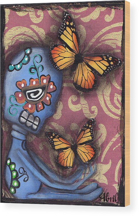 Day Of The Dead Wood Print featuring the painting Playing with Monarchs by Abril Andrade