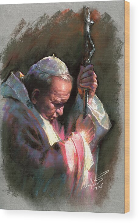 Portrait Wood Print featuring the pastel Pope John Paul II by Ylli Haruni