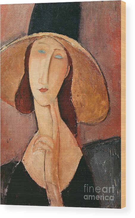 Portrait Wood Print featuring the painting Portrait of Jeanne Hebuterne in a large hat by Amedeo Modigliani