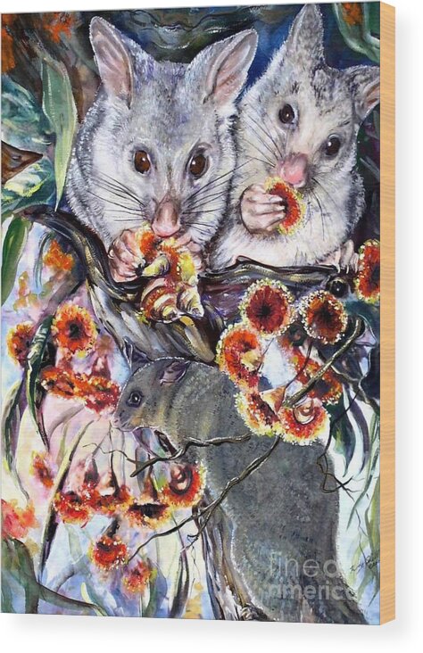 Gouache. Wildlife Wood Print featuring the painting Possum Family by Ryn Shell
