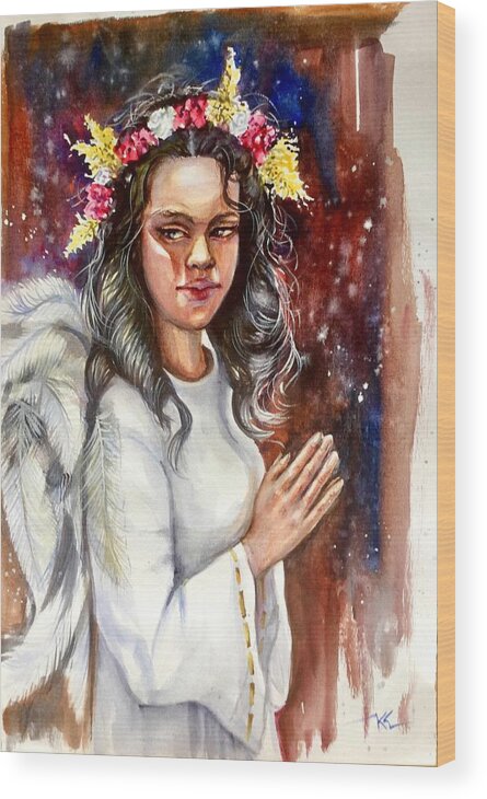 A Girl Wood Print featuring the painting Praying angel by Katerina Kovatcheva