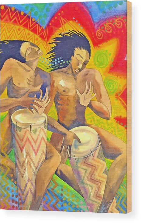 Drumming Caribbean Rythm Vibrance Colourful Rasta Wood Print featuring the painting Rasta Rythm by Jennifer Baird