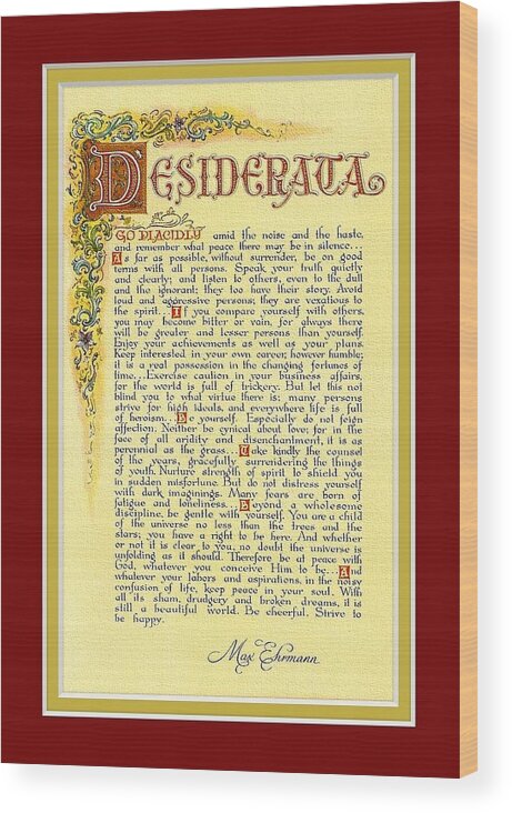 Desiderata Wood Print featuring the mixed media Red Matted Florentine DESIDERATA Poster by Desiderata Gallery