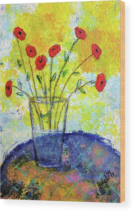 Floral Painting; Red Roses; Minimalistic; Glass Vase; Original Painting;contemporary Wood Print featuring the painting Red roses for you by Haleh Mahbod