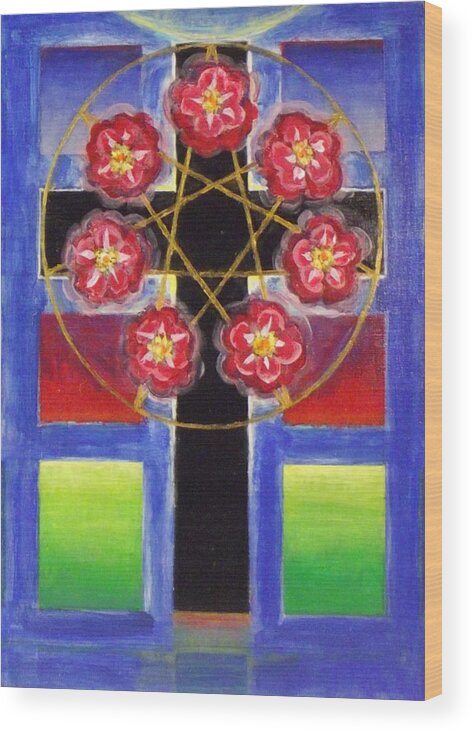 Rose Cross With 7 Pointed Star Wood Print featuring the painting Rose Cross with 7 Pointed Star, Stephen Hawks 2015 by Stephen Hawks