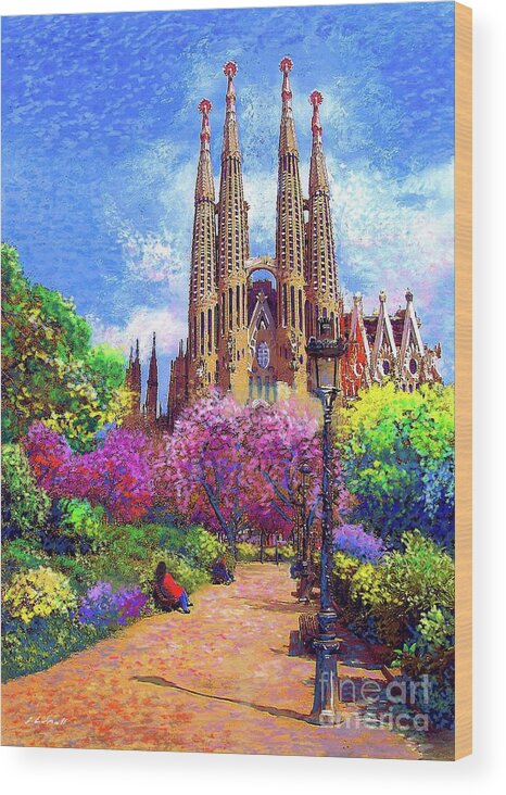 Spain Wood Print featuring the painting Sagrada Familia and Park Barcelona by Jane Small