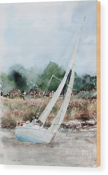 A Sailboat Catches A Breeze On Grand Lake In Oklahoma. Wood Print featuring the painting Sailing by Monte Toon