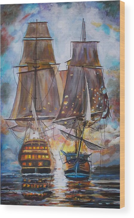 History Wood Print featuring the painting Sailing Ships at War. by Mike Benton