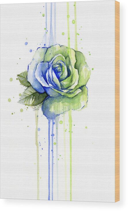 Watercolor Wood Print featuring the painting Seattle 12th Man Seahawks Watercolor Rose by Olga Shvartsur