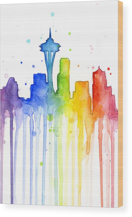 Watercolor Wood Print featuring the painting Seattle Rainbow Watercolor by Olga Shvartsur