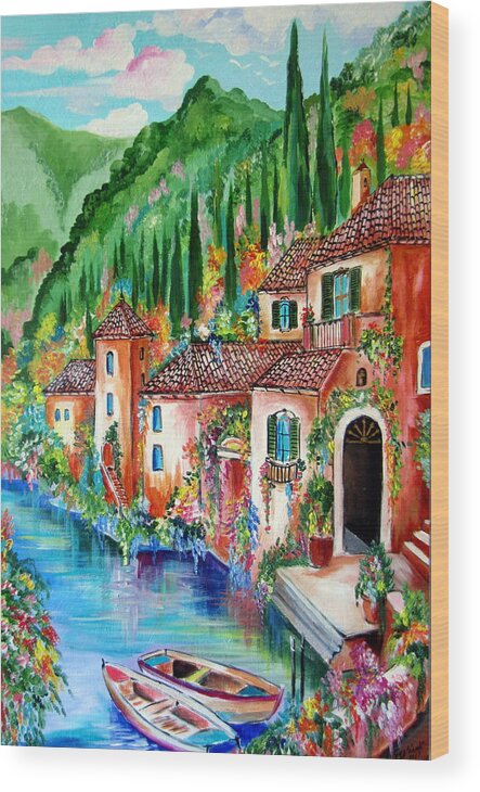 Village Wood Print featuring the painting Serenity by the lake by Roberto Gagliardi