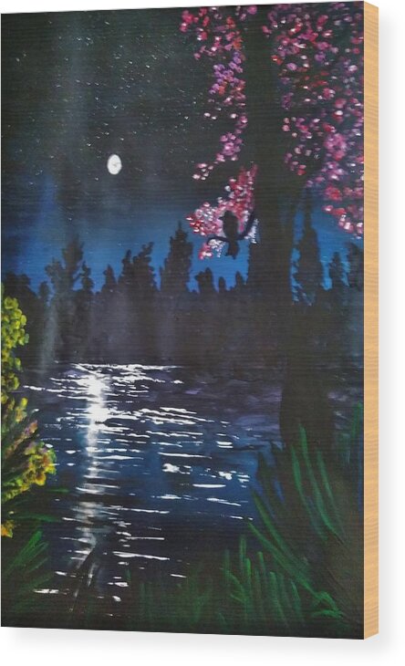 Moon Wood Print featuring the painting Silent moonlit night by Tara Krishna