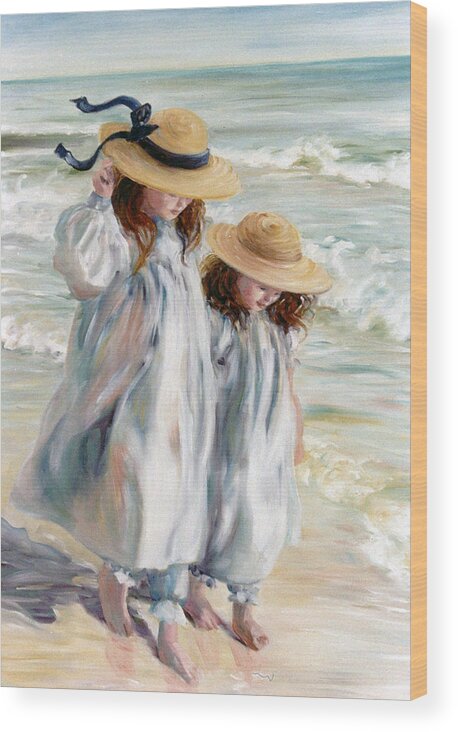 Sunhat Wood Print featuring the painting Sisters in Sunhats by Marie Witte