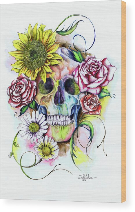 Skull Wood Print featuring the painting Skull and flowers by Isabel Salvador