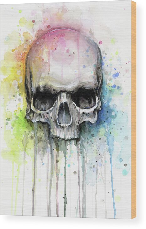 Skull Wood Print featuring the painting Skull Watercolor Rainbow by Olga Shvartsur
