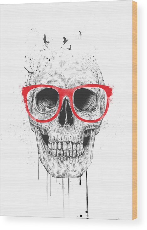Skull Wood Print featuring the mixed media Skull with red glasses by Balazs Solti