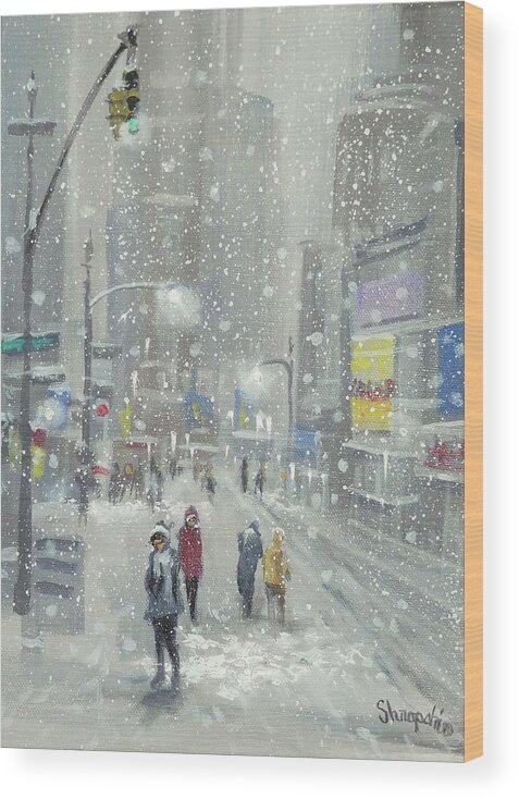 Falling Snow; New York; City Lights; Holiday Shoppers; Tom Shropshire Painting; Snowy Day; Cityscape; Urban Landscape; City Snow Wood Print featuring the painting Snowy Day by Tom Shropshire