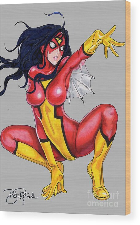 Spider Wood Print featuring the drawing Spider Woman - color by Bill Richards