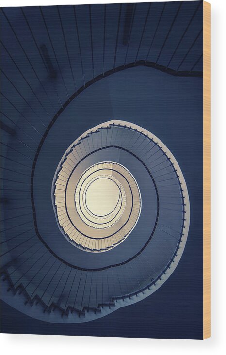 Spiral Staircase Wood Print featuring the photograph Spiral staircase in blue and cream tones by Jaroslaw Blaminsky