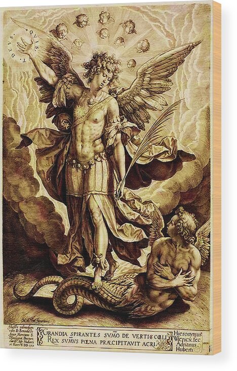 St Michael The Archangel Wood Print featuring the mixed media St Michael Slaying the Dragon 16th Century by Hieronymus